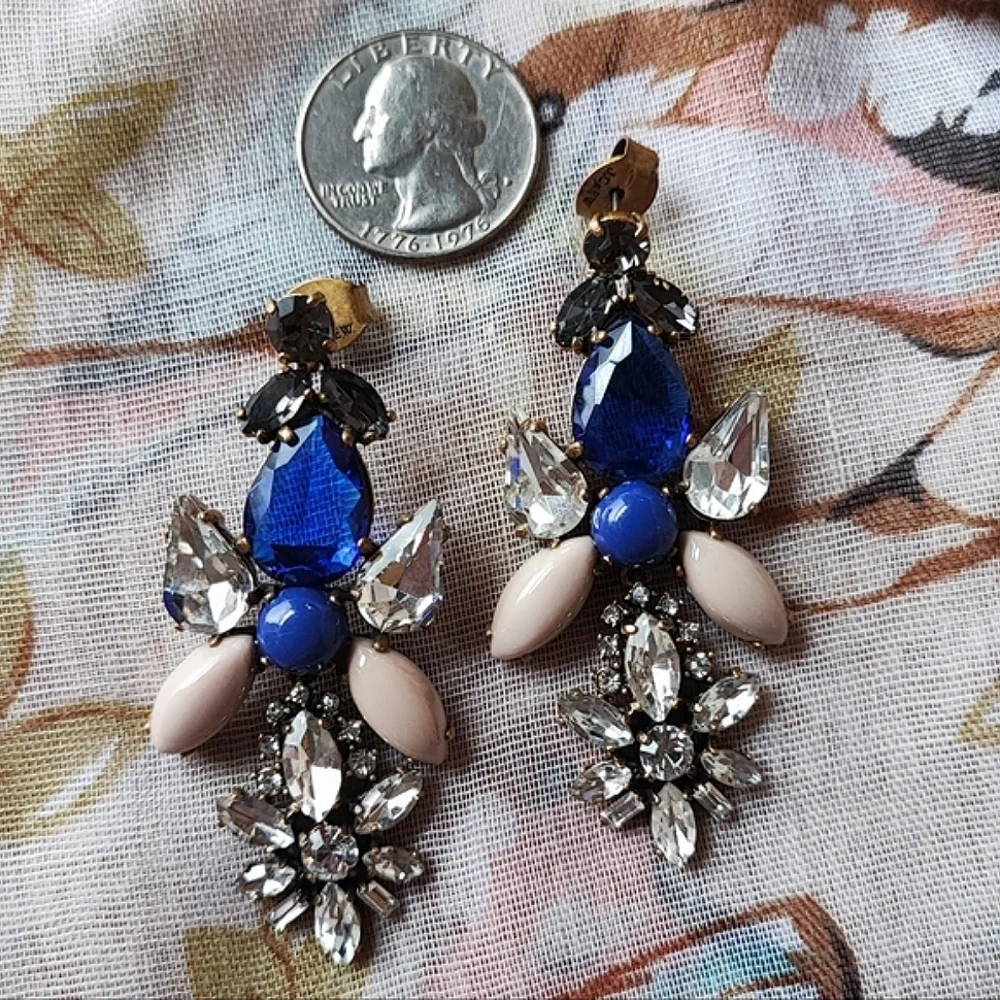 J. Crew Brand Sapphire Blue Opaque Cabachons Clear Rhinestones Pierced Earrings
